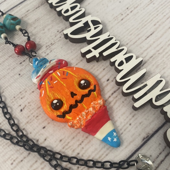 *Spookshow Babe Designs Eye Scream Pumpkin Cone July 4th Art Necklace - Picture 2 of 4